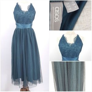 ASOS size 6 Lace Tulle Green Forest Halter Dress